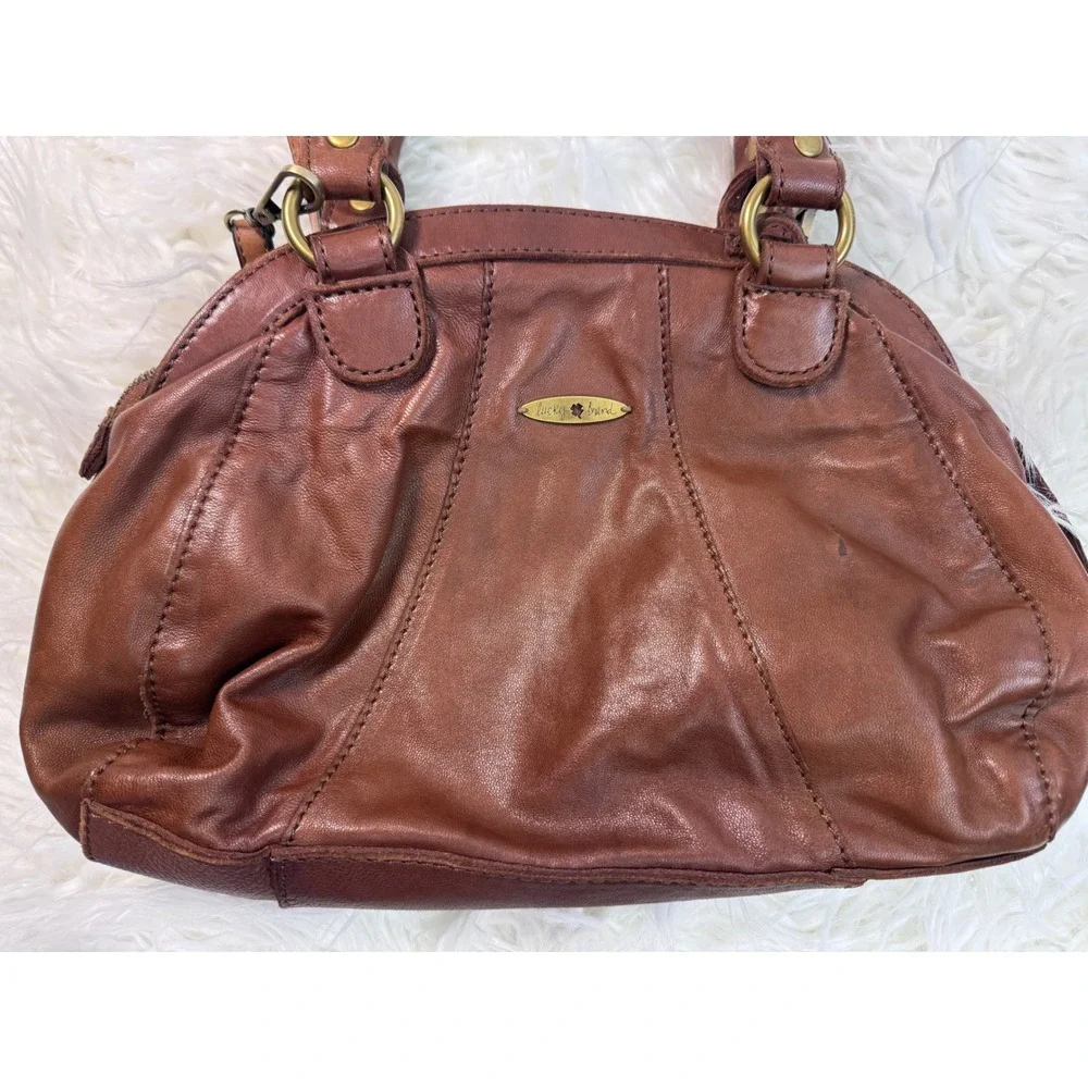 Y2K Lucky Brand Brown Leather Studded Satchel Crossbody Bag Antique Brass